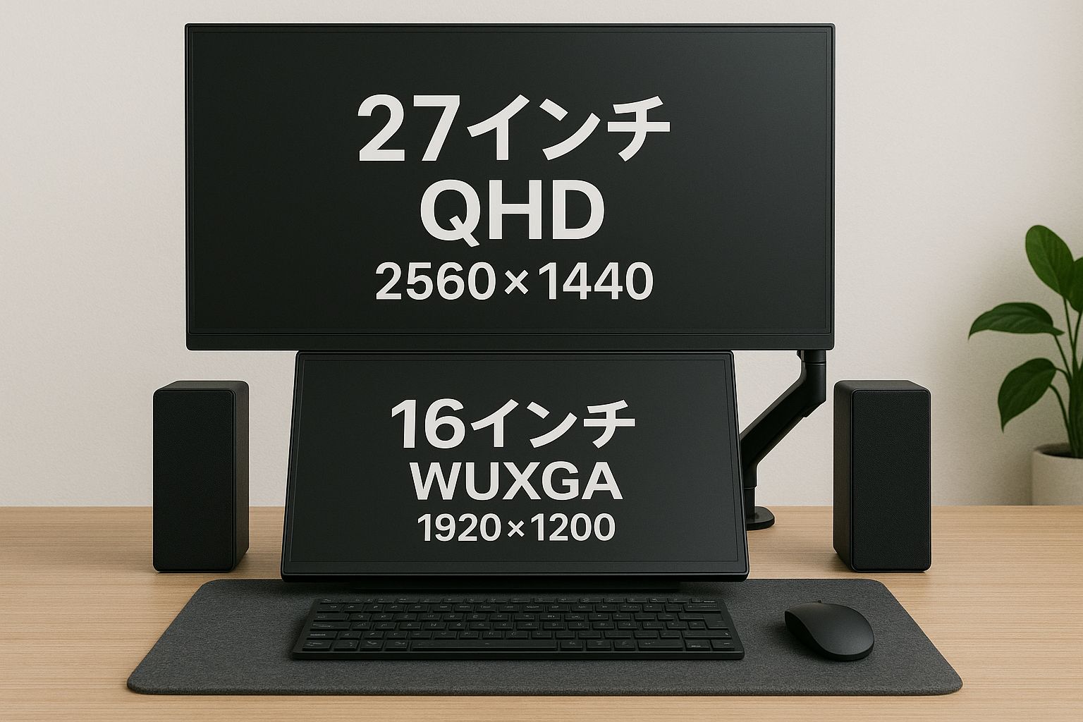 縦並びのデュアルモニター構成だけど天板に這わせるように配置する事で高さを抑えたレイアウトに