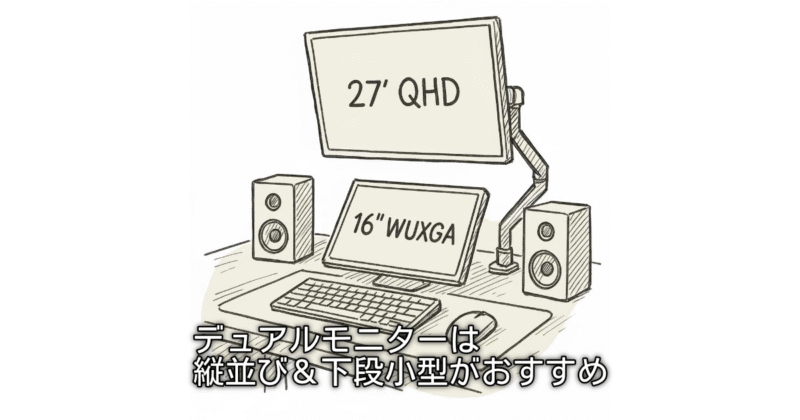 デュアルモニターは縦並び＆下段小型モニターがおすすめ